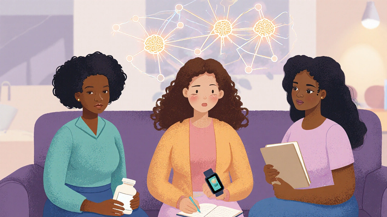 Three diverse women in clinic lounge holding treatment tools, connected by glowing hormone pathways.