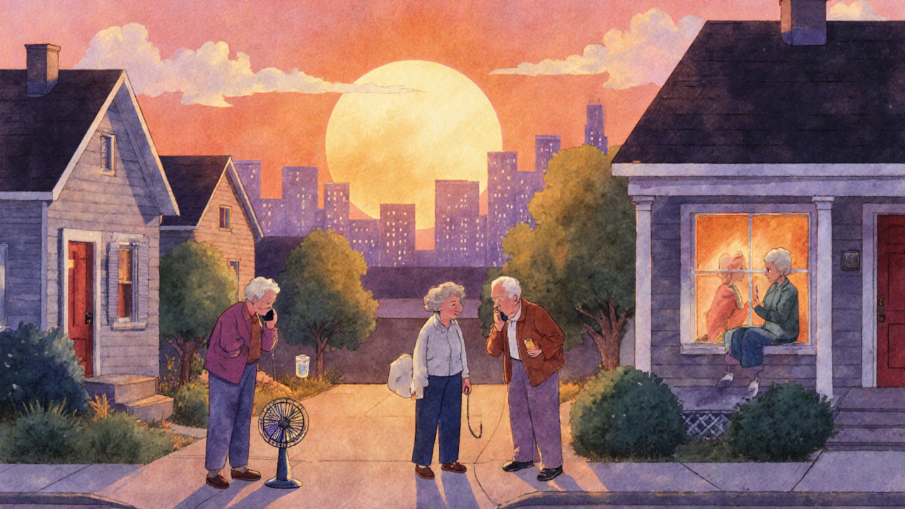 Three neighbors checking on each other during evening heat, one with fan, others drinking water.