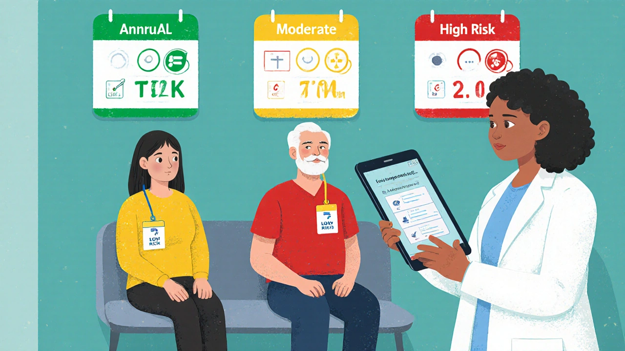 Three patients with risk-level badges in clinic, each with floating test frequency icons above their heads