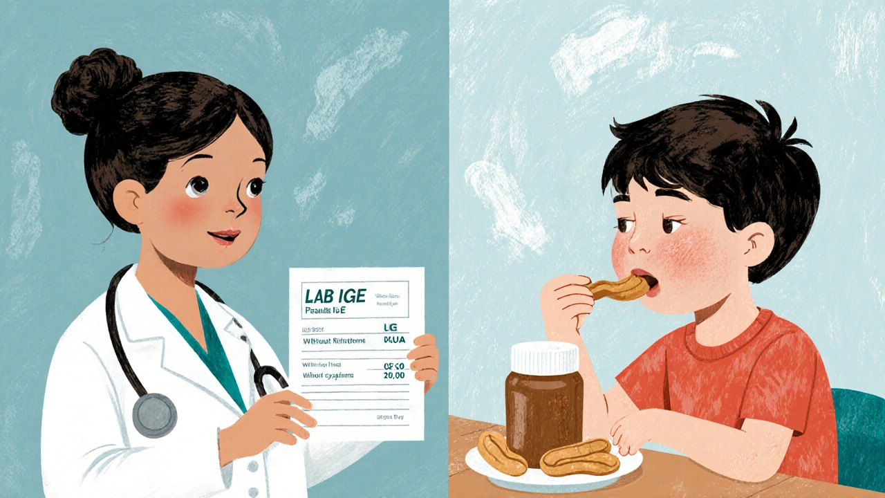 Two children with same peanut IgE result: one eating peanut butter safely, the other having hives, showing result ambiguity.
