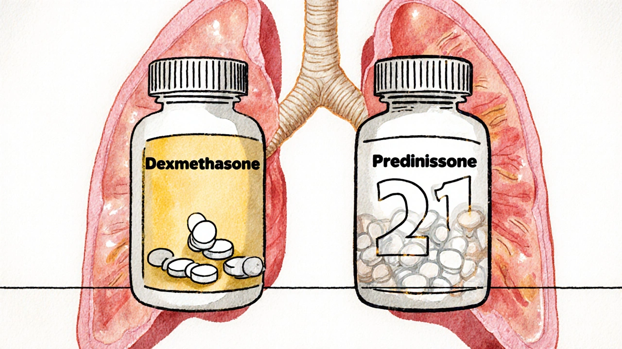 Two medicine bottles side by side: one with 5 pills, the other with 21, beside calming lungs.