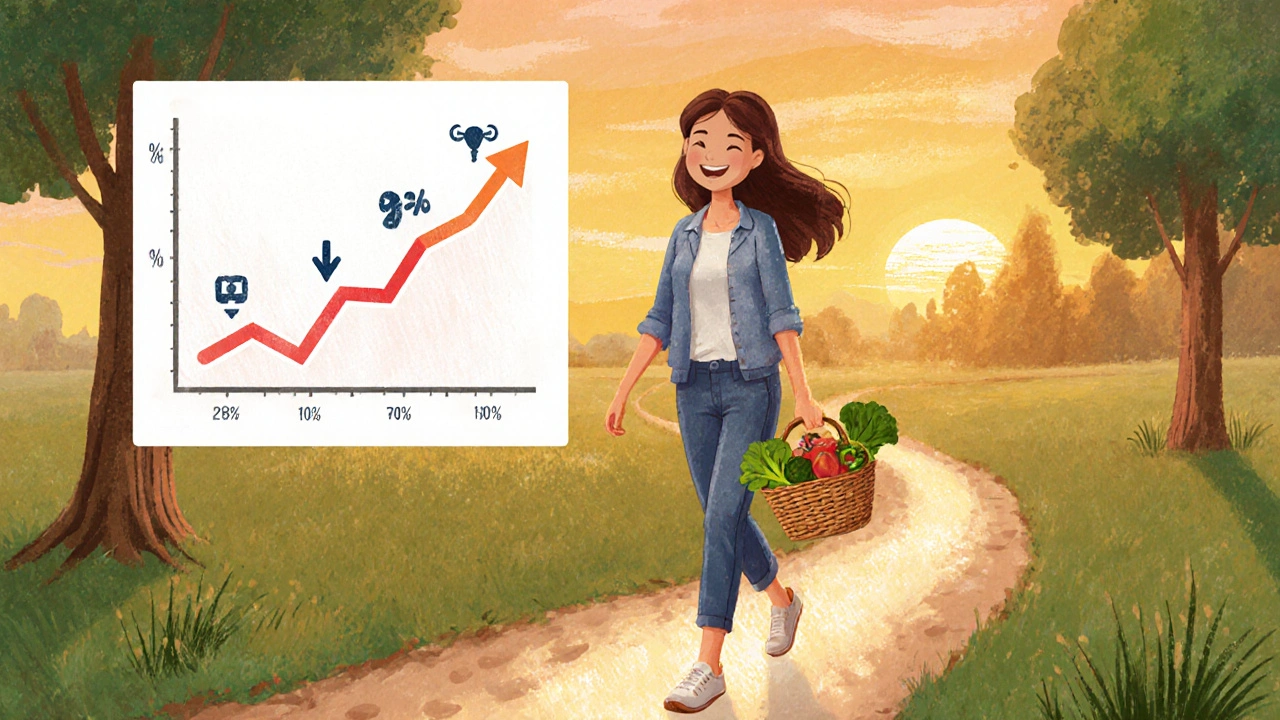 Woman walking in park with vegetables, glowing path showing improved insulin and ovulation.