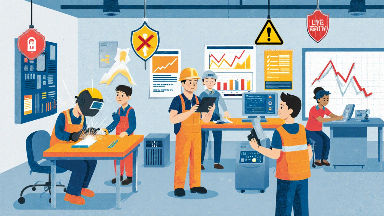 Workers of all ages learning hands-on in a training room with tools, tablets, and safety posters.