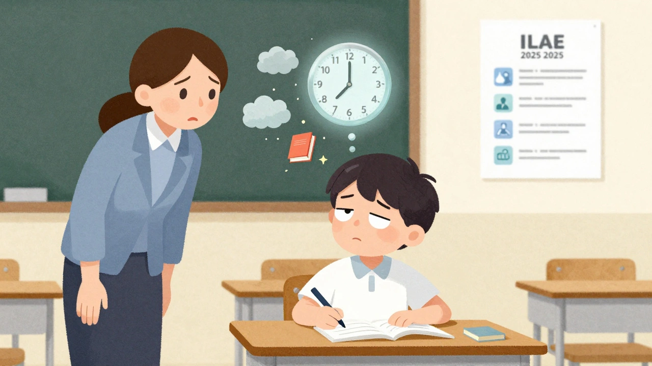A child having an absence seizure in class, with floating clocks and dissolving school symbols above their head.