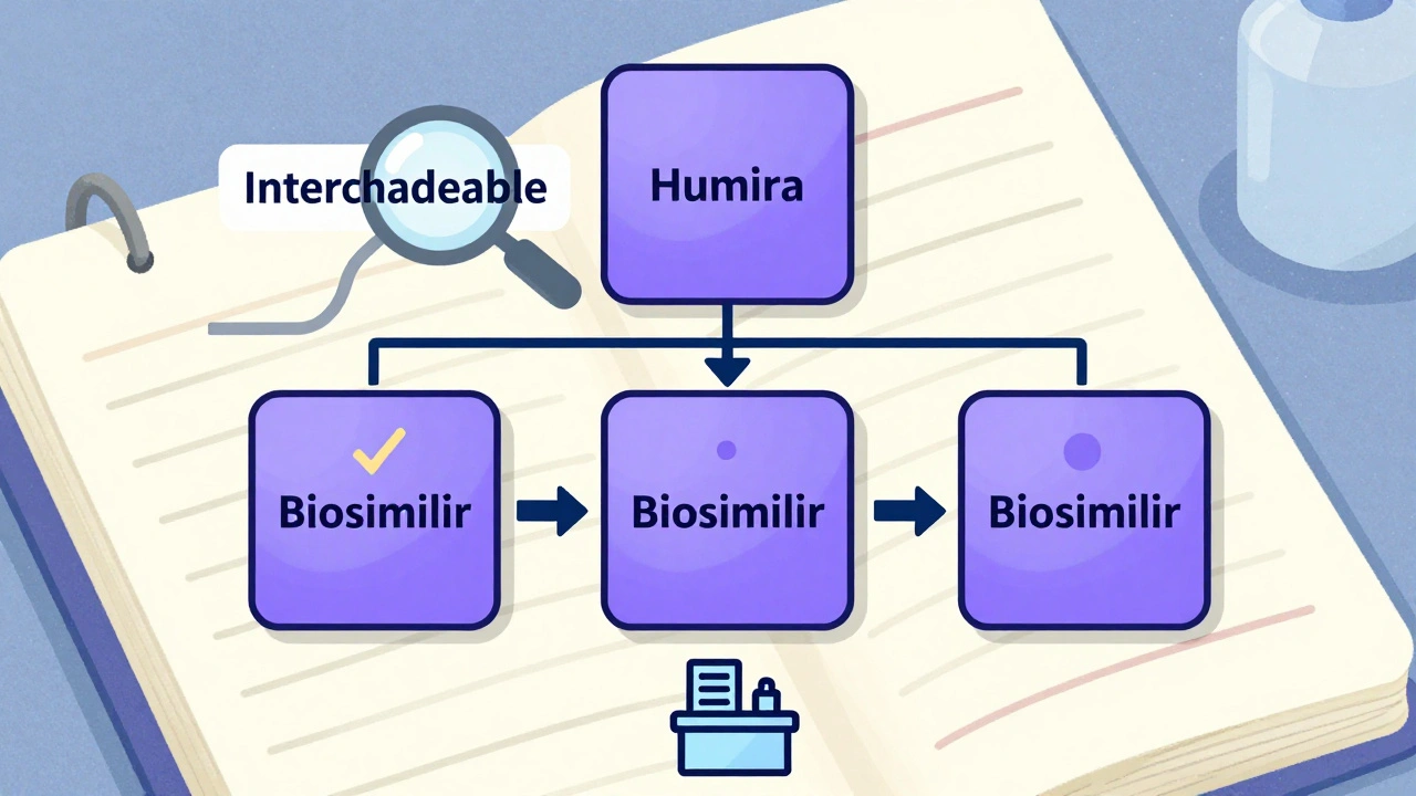 A family tree of biologic drugs with one interchangeable biosimilar marked by a golden checkmark.