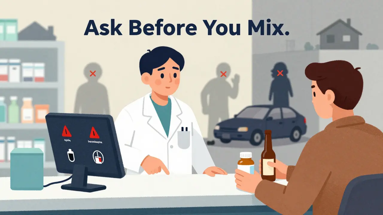 A pharmacist warning a customer about dangerous drug combinations at a pharmacy counter.