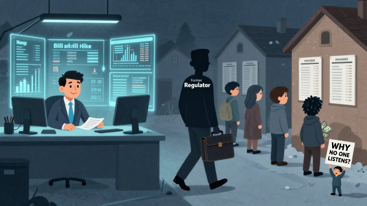 A regulator approves high energy bills while families suffer in the cold, with a former official walking away with cash.