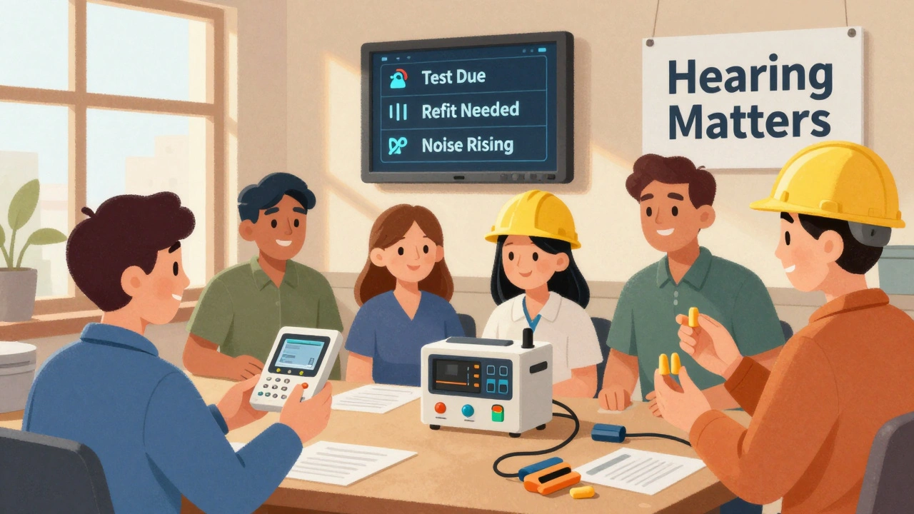 A small business owner offering hearing protection options to workers, with a digital safety dashboard in the background.