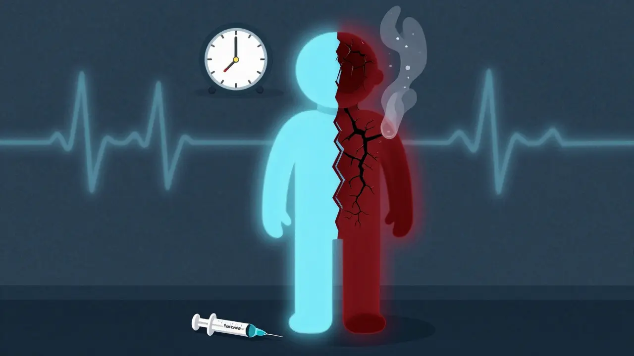 A split-body figure with one side calm and blue, the other dark and cracked from alcohol interaction.