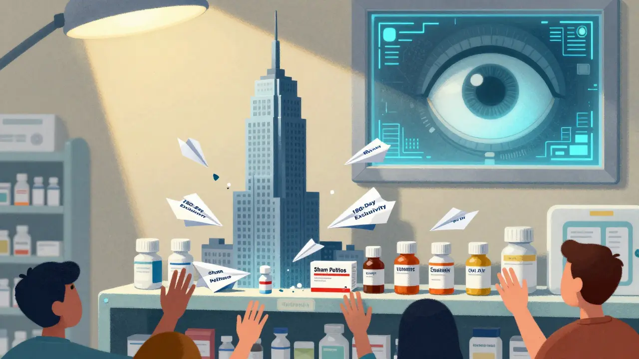 A towering branded drug dominates a pharmacy shelf as generic versions crash like paper airplanes, with an AI eye watching from above.
