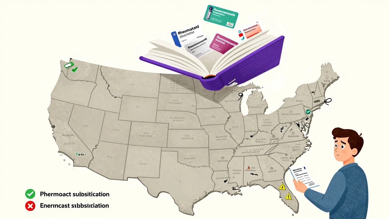 A U.S. map showing state-by-state rules for pharmacist substitution of biosimilar drugs.