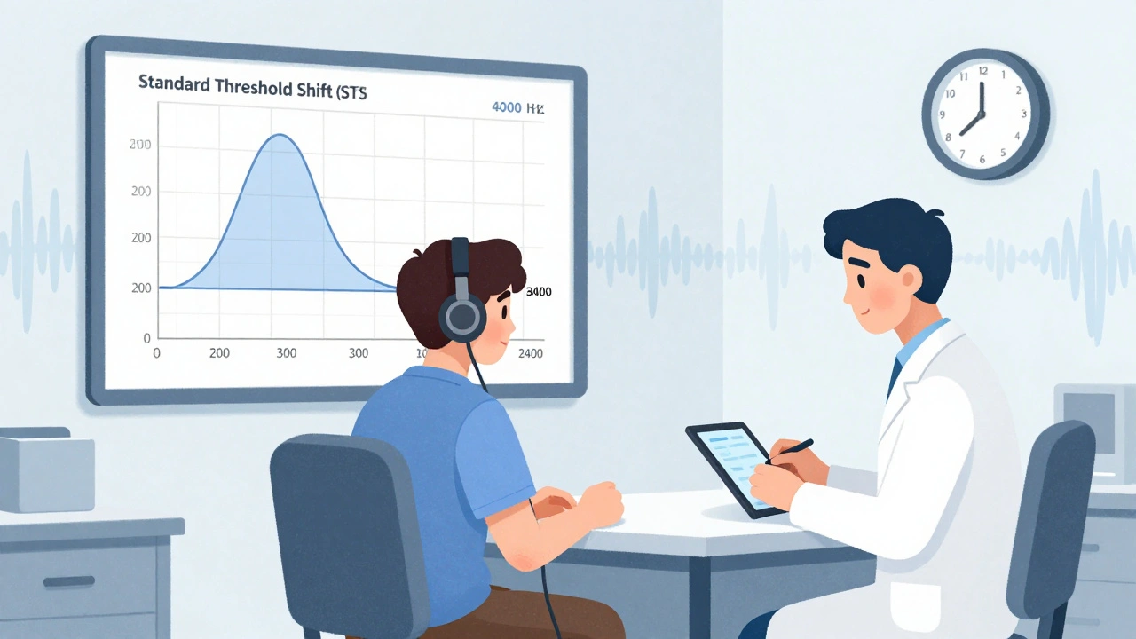 A worker undergoing a quiet audiometric test, with an audiogram showing hearing loss warning signs on a screen.