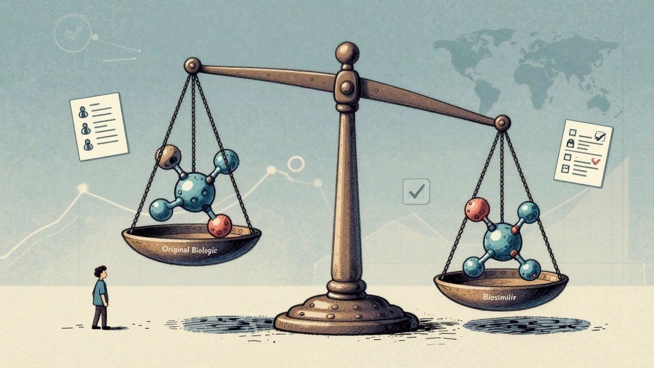 Balance scale perfectly level with two complex protein molecules representing original biologic and biosimilar.