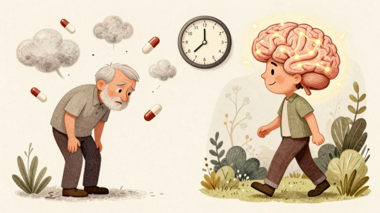 Before-and-after scene: confused man with pills vs. healthy man in garden.