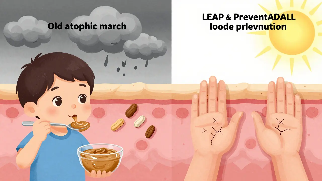 Child eating peanut safely while skin barrier blocks allergens, contrasting old and new science.