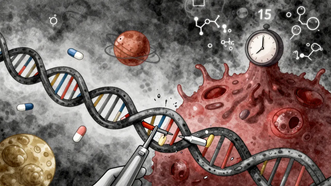 CRISPR editing DNA with off-target cut disabling tumor-suppressor gene, drugs orbiting as clock ticks forward.