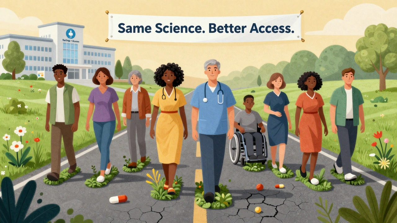 Diverse group of patients walking on a path turning green, with drug molecule flowers and hospital in background.