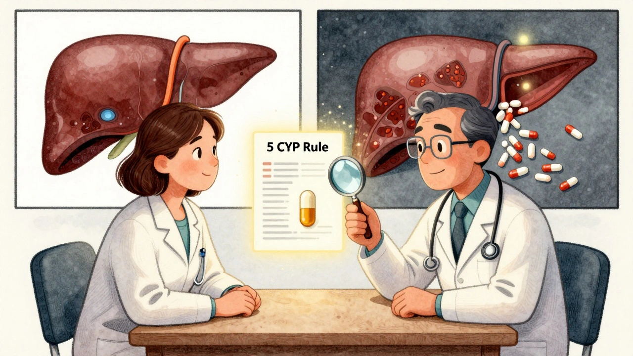 Doctor and patient reviewing a CYP interaction chart with healthy vs. damaged liver comparison.