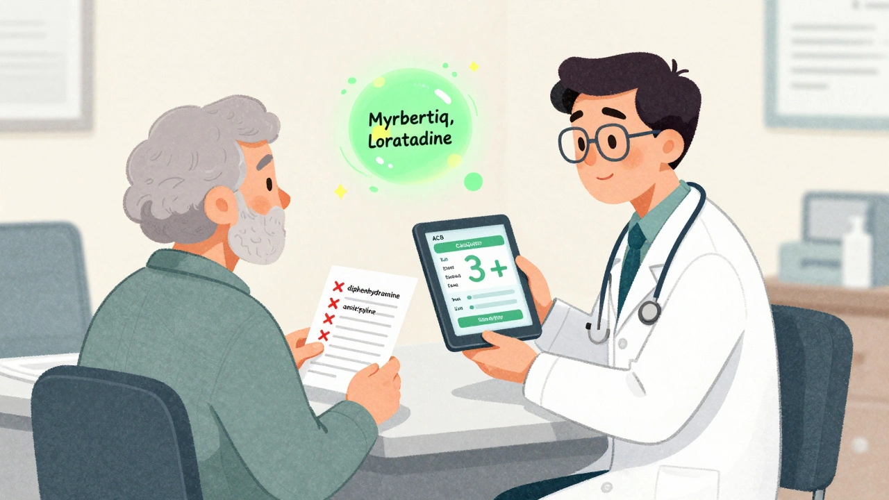 Doctor and patient reviewing medication list with ACB calculator on tablet.