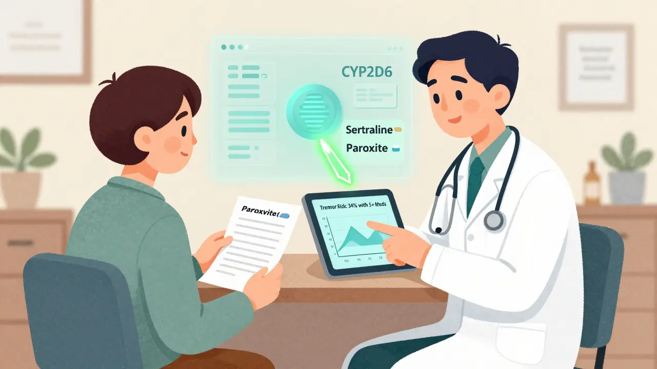 Doctor and patient reviewing medication list with digital tremor risk graph