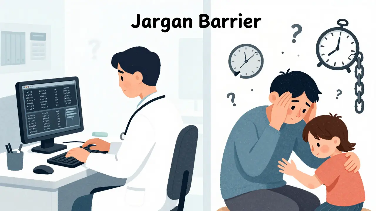 Doctor and patient separated by jargon barrier, with emotional symbols on patient’s side and clinical codes on provider’s side.