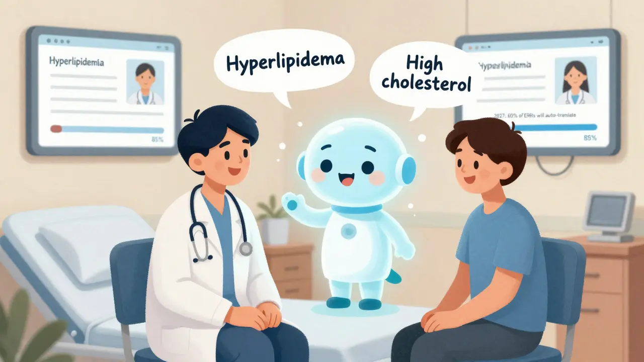 Doctor and patient together as AI translates medical terms into plain language, with dual-note display in background.