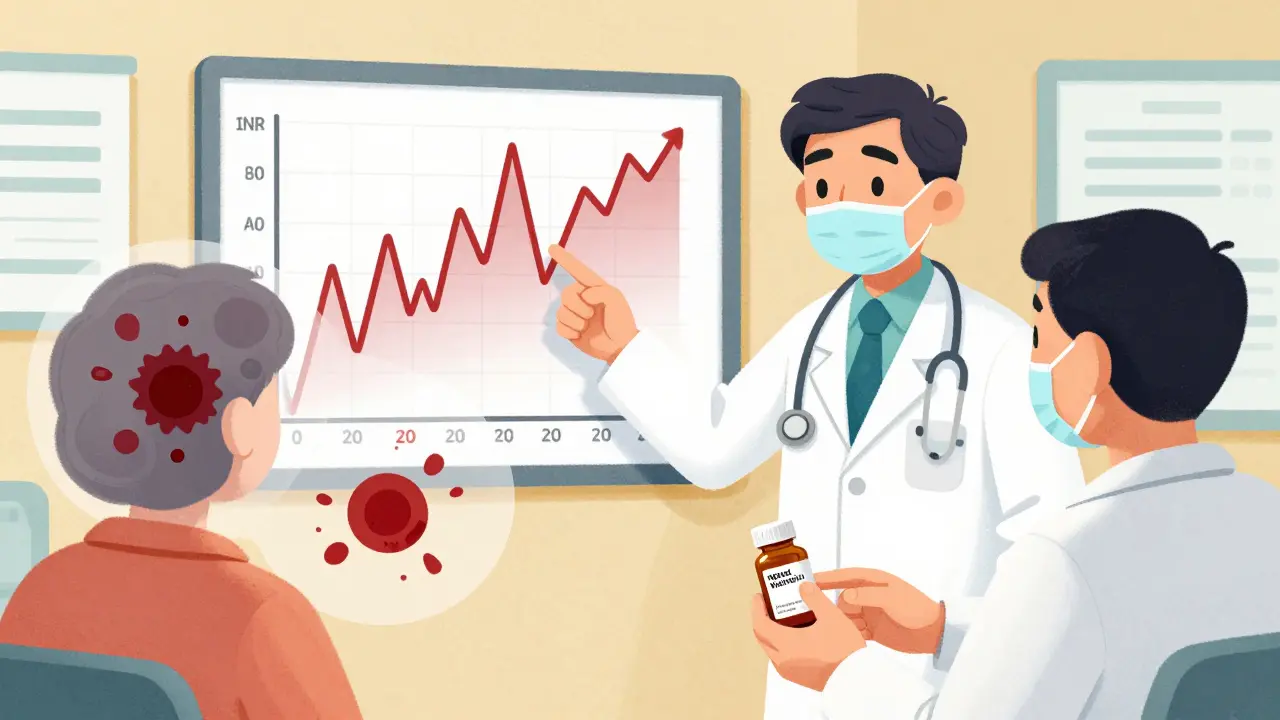 Doctor explaining a fluctuating INR graph to a patient while a pharmacist hands over a new generic medication.