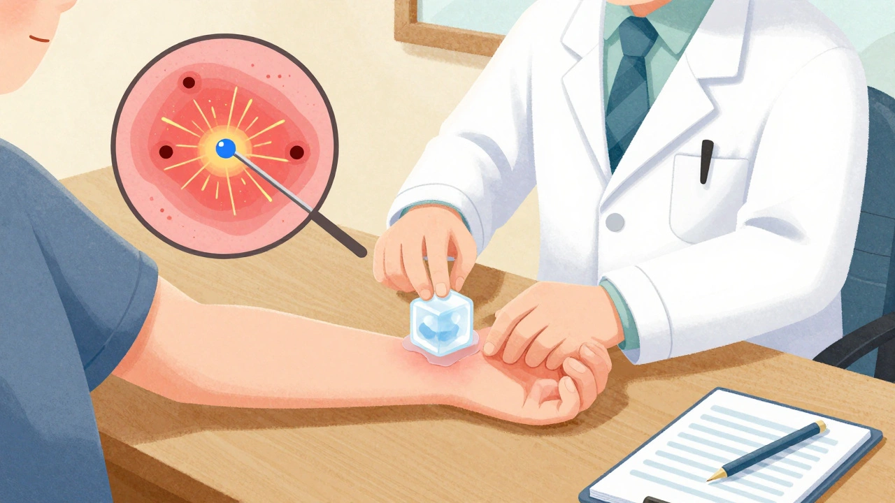 Doctor performing ice cube test as a red welt forms on patient&#039;s forearm.