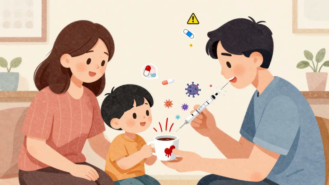 Family sharing a coffee cup as gene therapy vectors spread, with medication icons flickering above them.