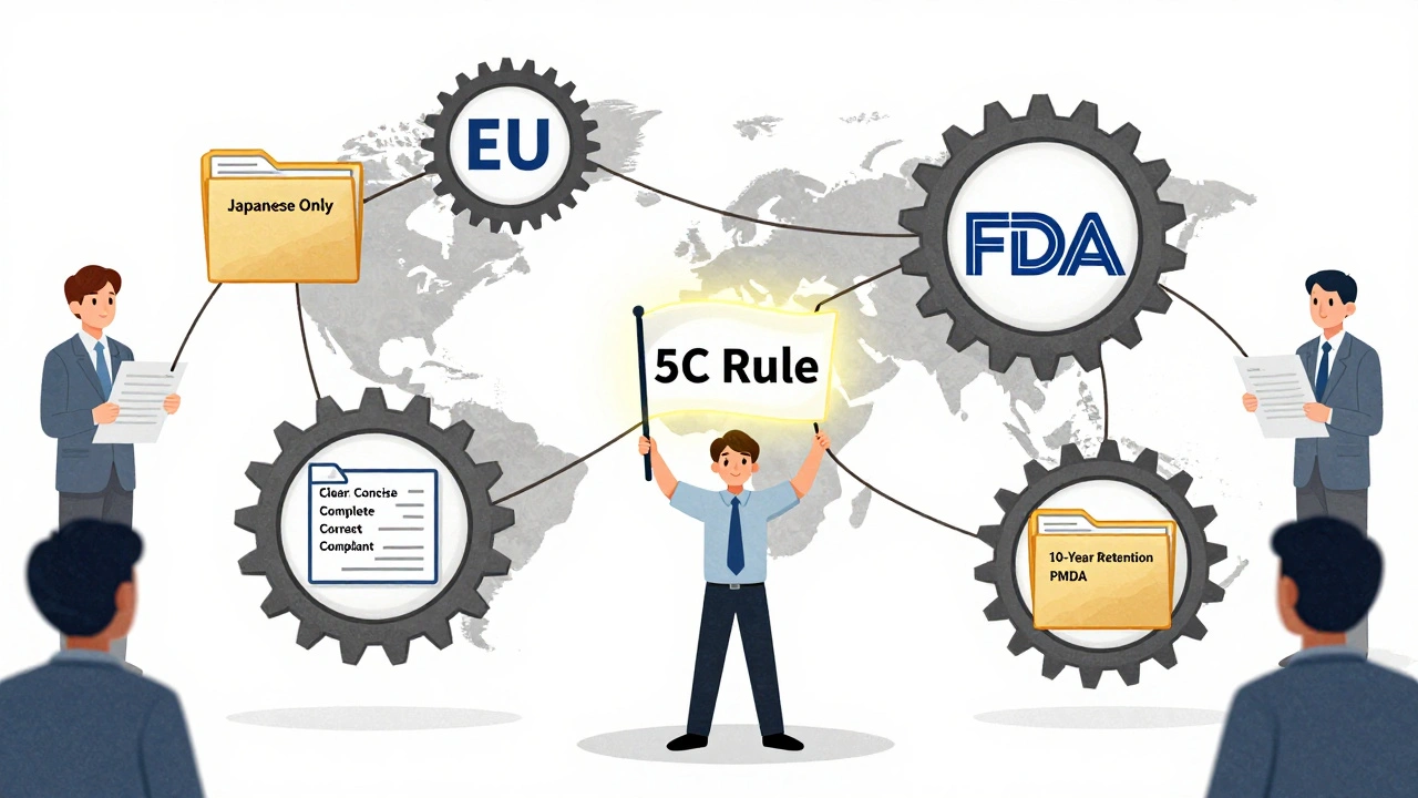 Global regulatory gears connected to documents, worker holds &#039;5C Rule&#039; flag in center.