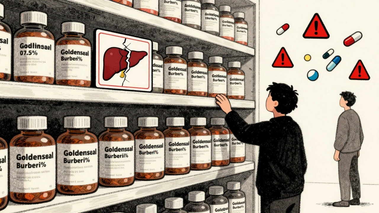 Goldenseal supplement bottles with wildly varying labels on a pharmacy shelf beside warning signs.