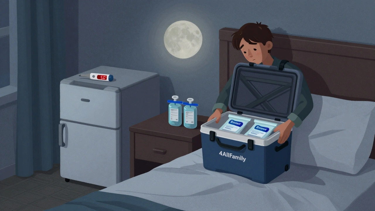 Hotel room with thermometer showing too-warm fridge, traveler using portable medical cooler on nightstand.