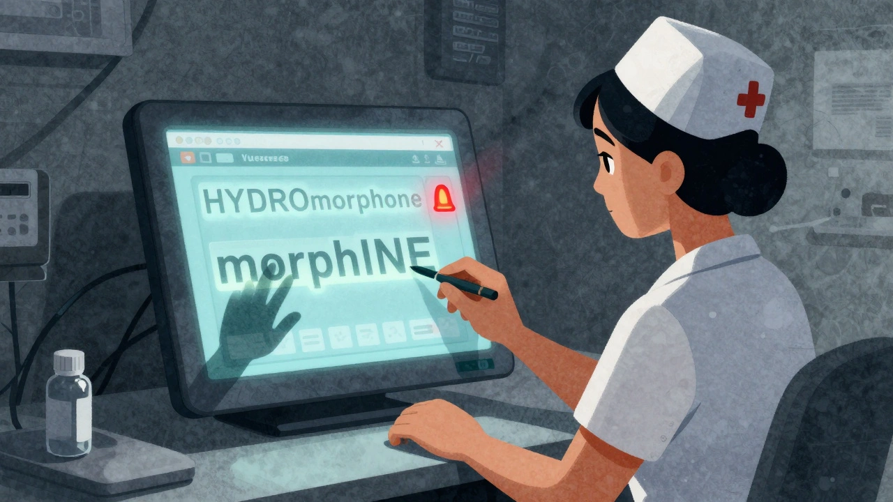 Nurse viewing drug names &#039;HYDROmorphone&#039; and &#039;morphINE&#039; on a tablet screen, with uppercase letters glowing as alerts in a dim ER.