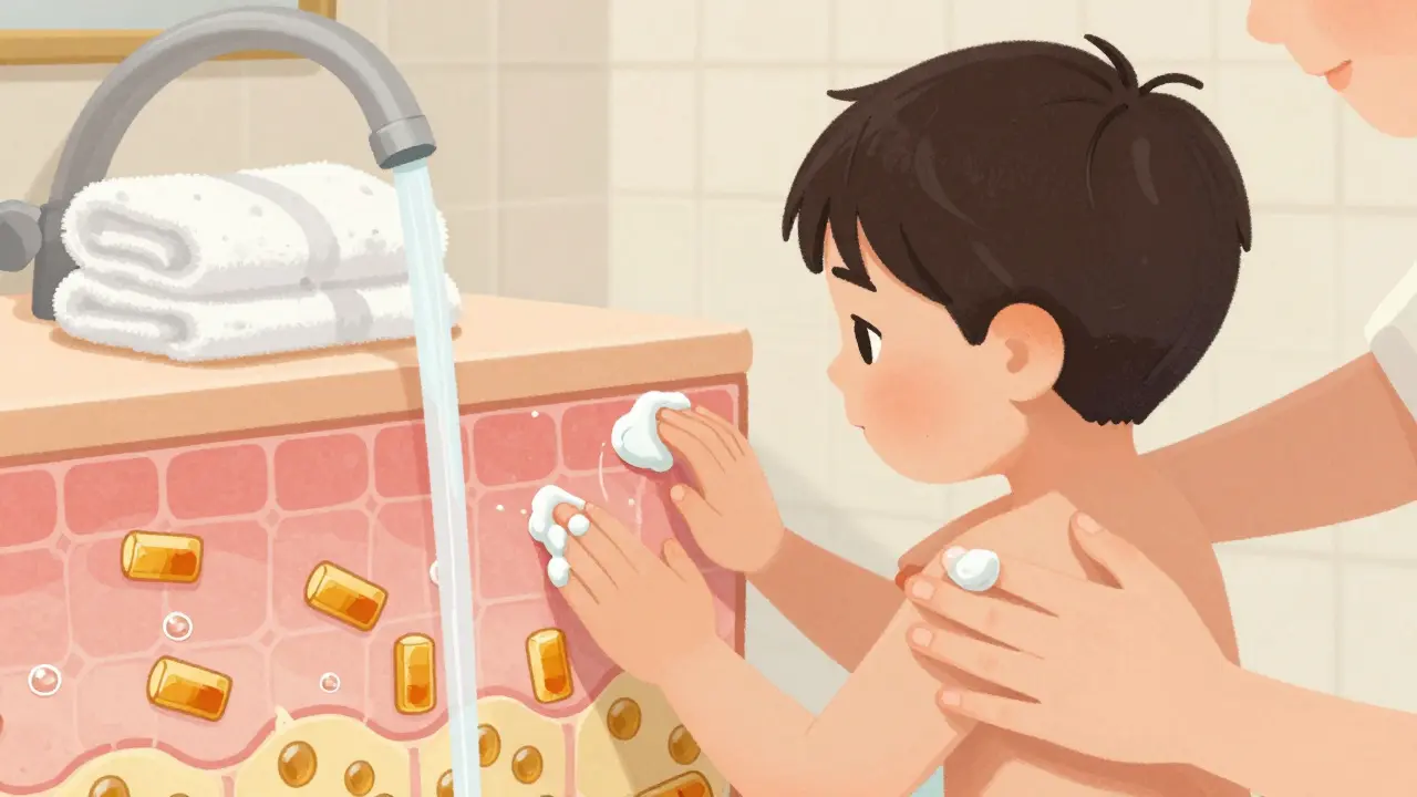 Parent applying moisturizer to child’s damp skin after a bath, skin barrier repairing visually.