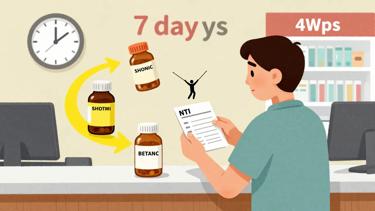 Patient at pharmacy surrounded by multiple generic pill bottles, with testing timelines and NTI warning icon floating nearby.