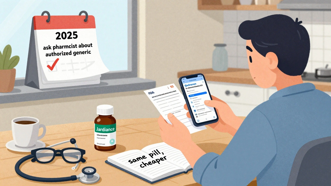 Patient reviewing FDA&#039;s authorized generics list on phone at kitchen table, with brand and authorized generic bottles visible.
