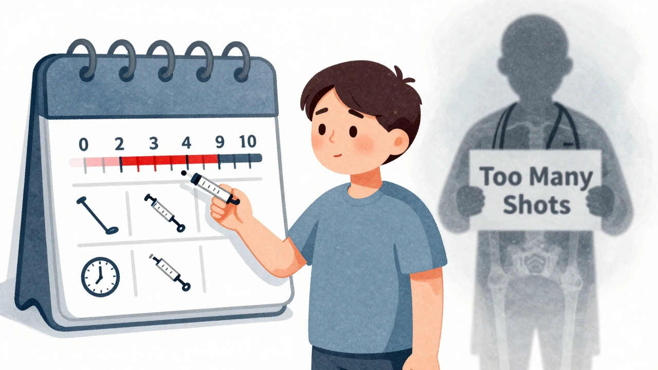 Patient tracking pain relief over three injections, with diminishing returns and warning signs.