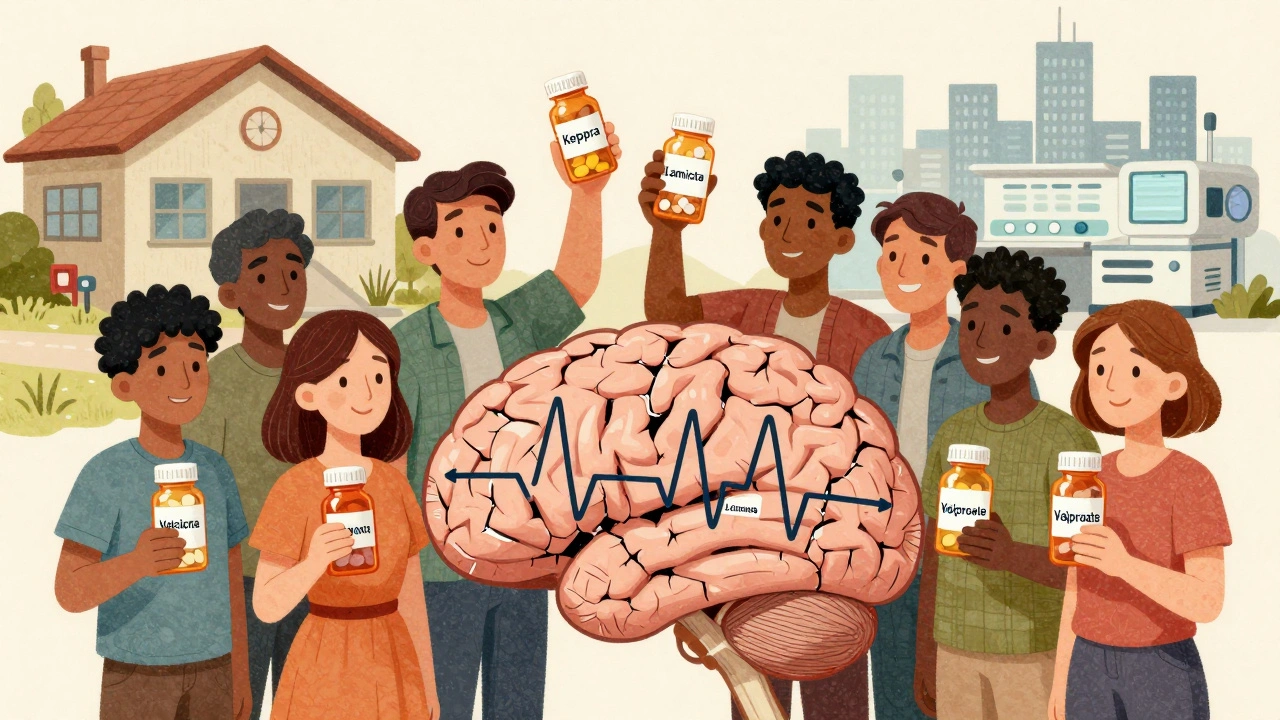People holding epilepsy medications around a cracked brain mosaic, with rural and urban medical settings in the background.