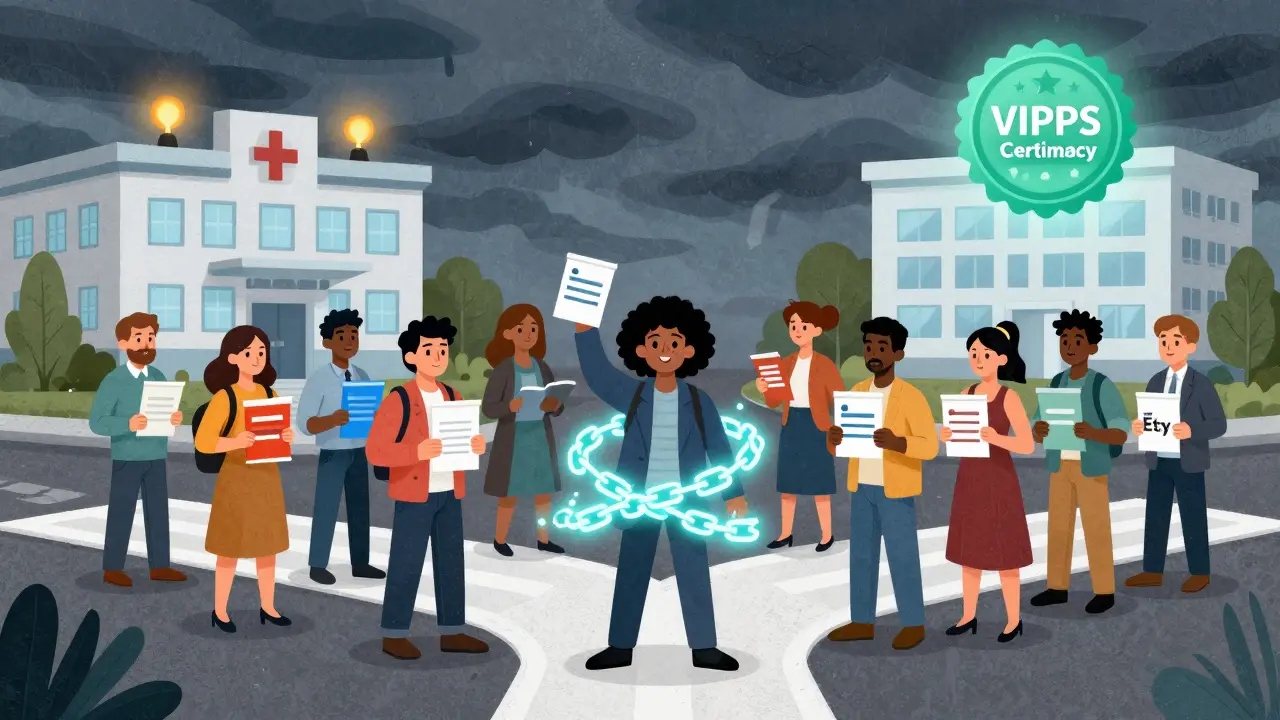 People stand at a crossroads—one path leads to a hospital, the other to a verified pharmacy with a glowing VIPPS seal.