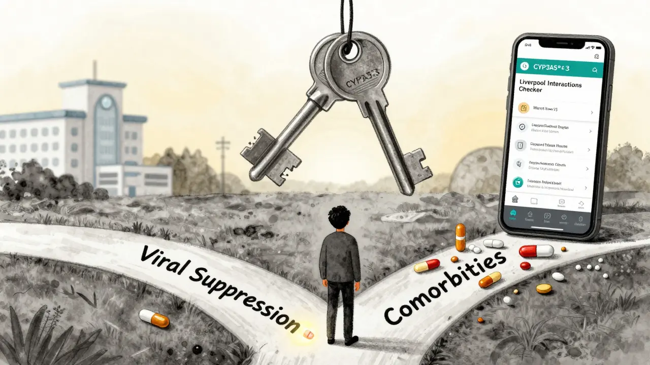 Person at a crossroads choosing between antiviral treatment and managing multiple medications with genetic keys above.