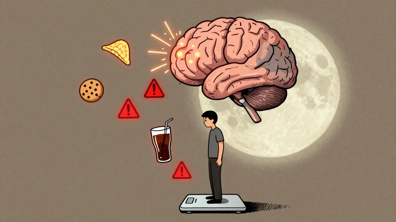 Person at scale at 3 a.m. overwhelmed by glowing junk food and a brain lit up by cravings.