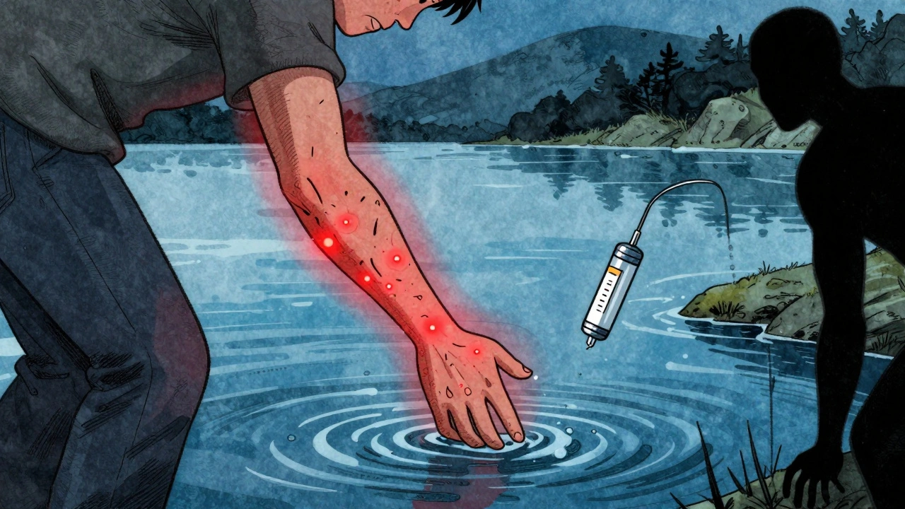 Person testing cold water with one hand as hives begin to form on skin.