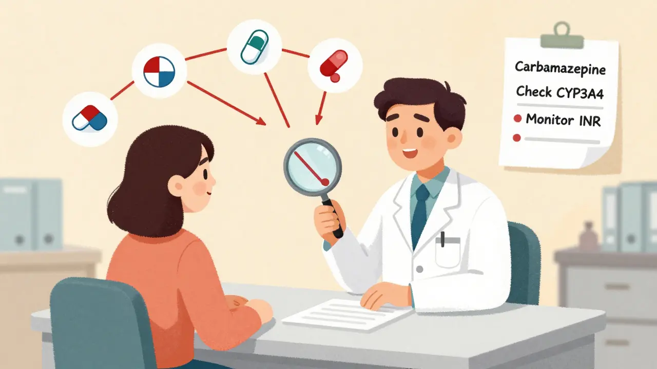 Pharmacist and patient reviewing medications with warning lines between carbamazepine and other drugs.