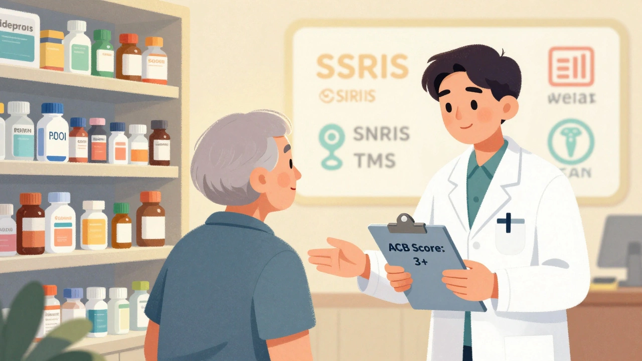 Pharmacist guiding patient from dangerous meds to safer antidepressant alternatives.