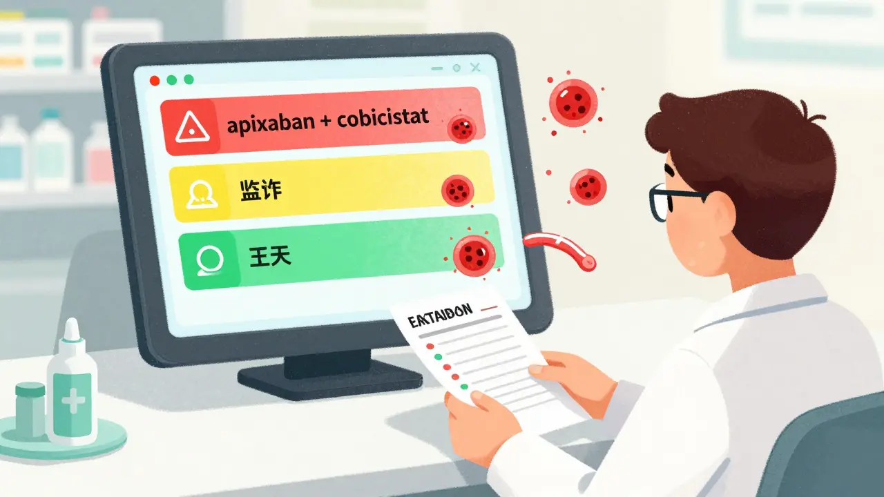 Pharmacist reviewing medication list with a color-coded digital interaction warning screen behind them.