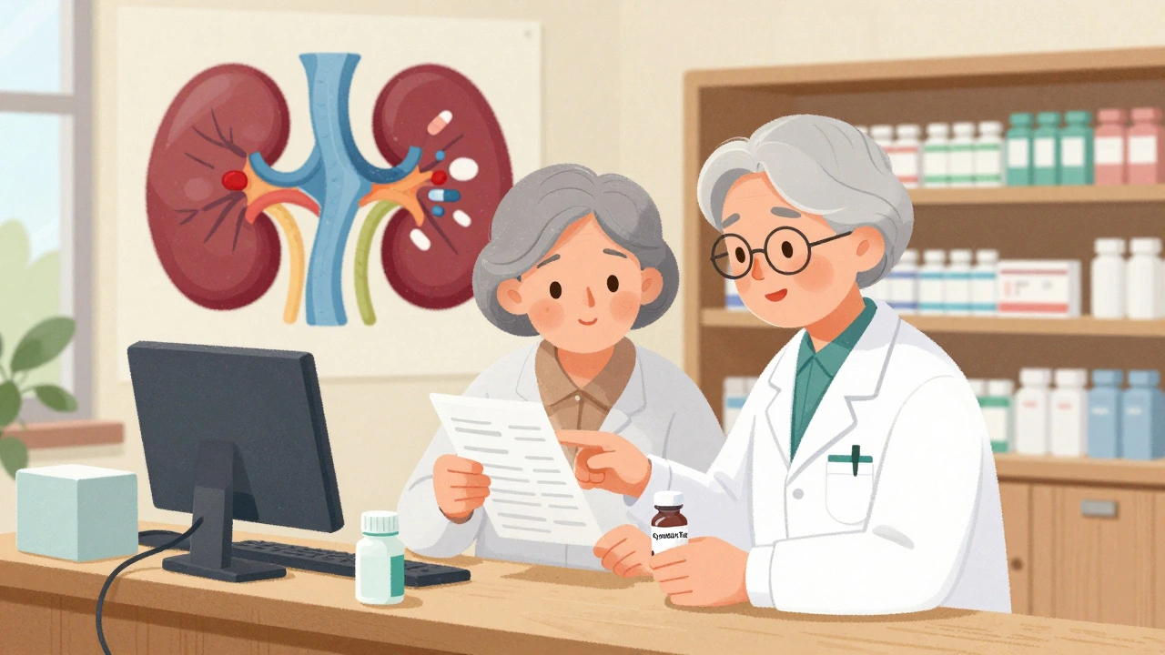 Senior and pharmacist discussing cystatin C test at pharmacy counter