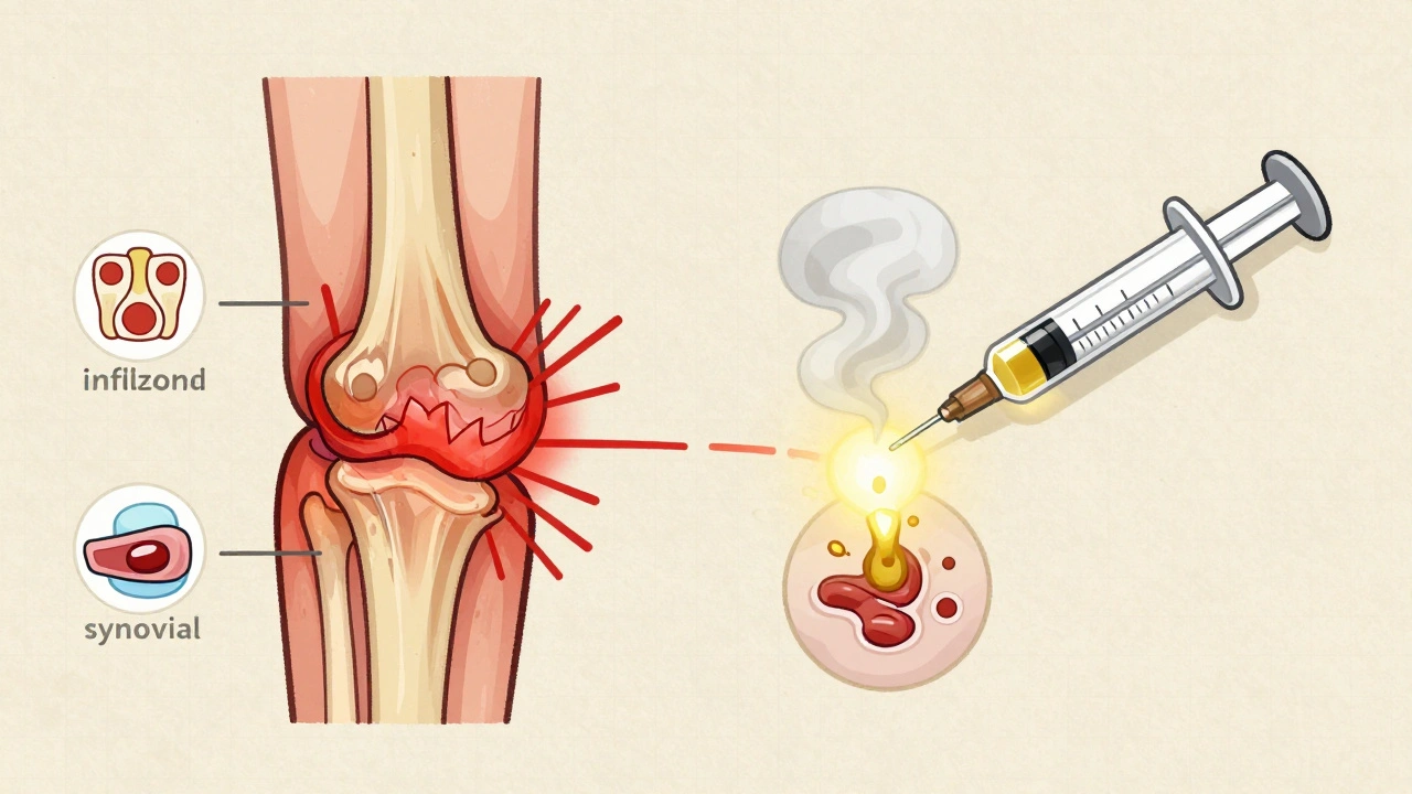 Side-by-side illustration of inflamed vs. healthy joint with a syringe neutralizing inflammation.