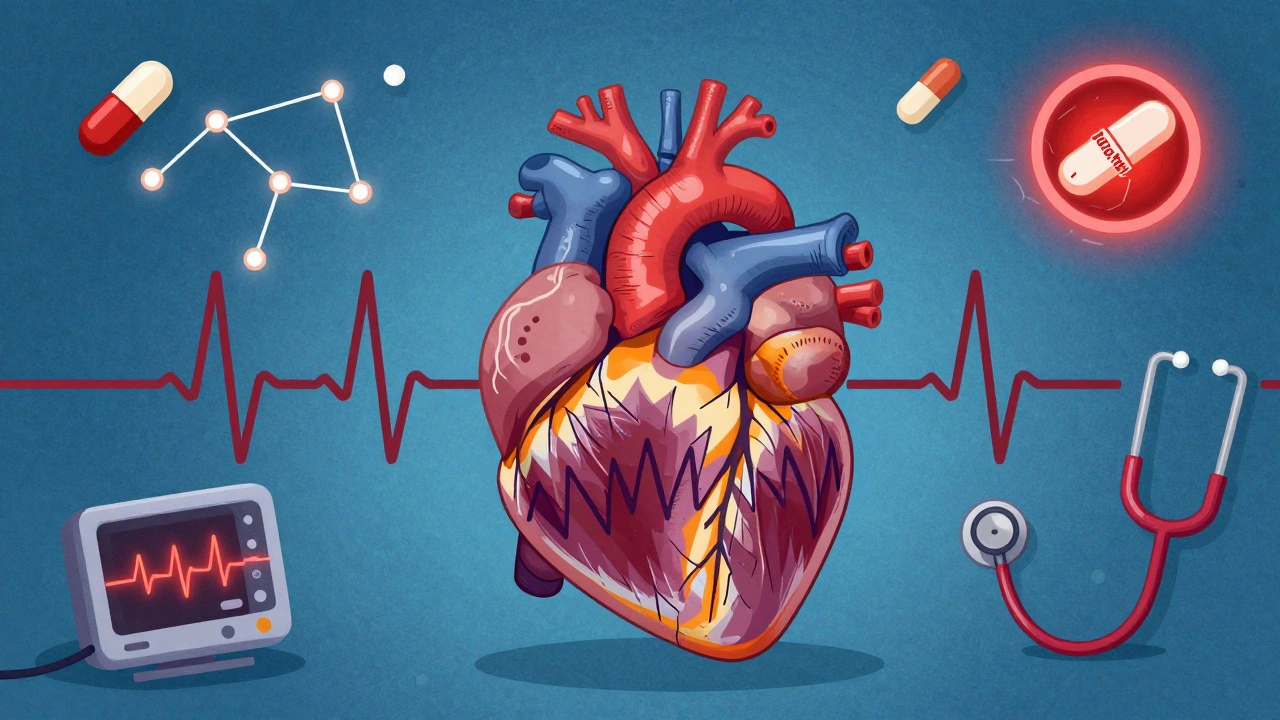 Split-body elderly patient with healthy and damaged heart, surrounded by risky pills.