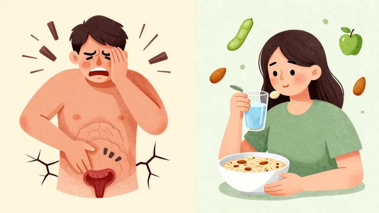 Split illustration: one side shows pain from straining, the other shows healing with fiber-rich foods and hydration.