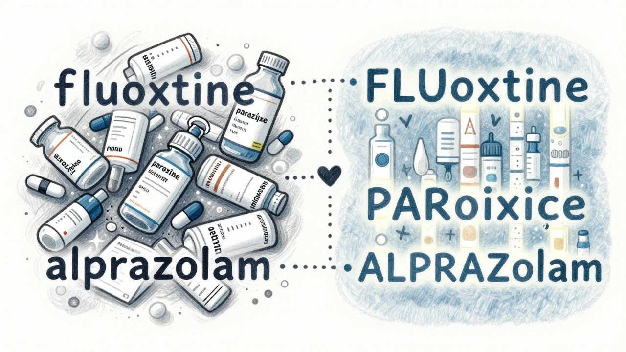 Split illustration showing chaotic lowercase drug names transforming into clearly capitalized tall-man lettering for safety.